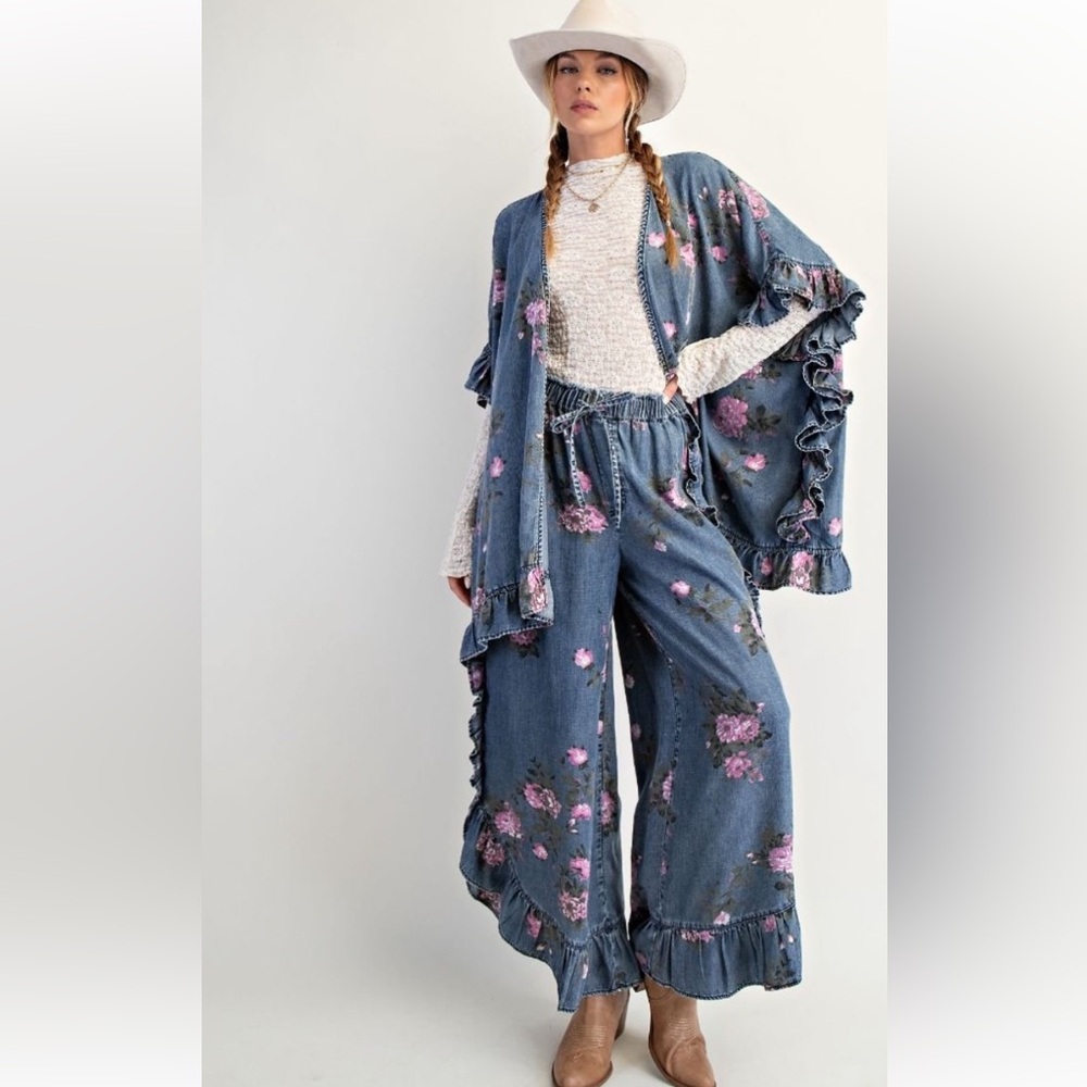 easel Dusty Blue Floral Ruffle Wide-Leg Pants